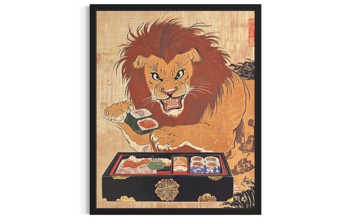 Lion Animal Kitchen Sushi Poster Art Print Wall Original Painting Artwork Decor