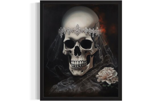 Skull Wearing A Jeweled Tiara And Veil With White Rose Poster
