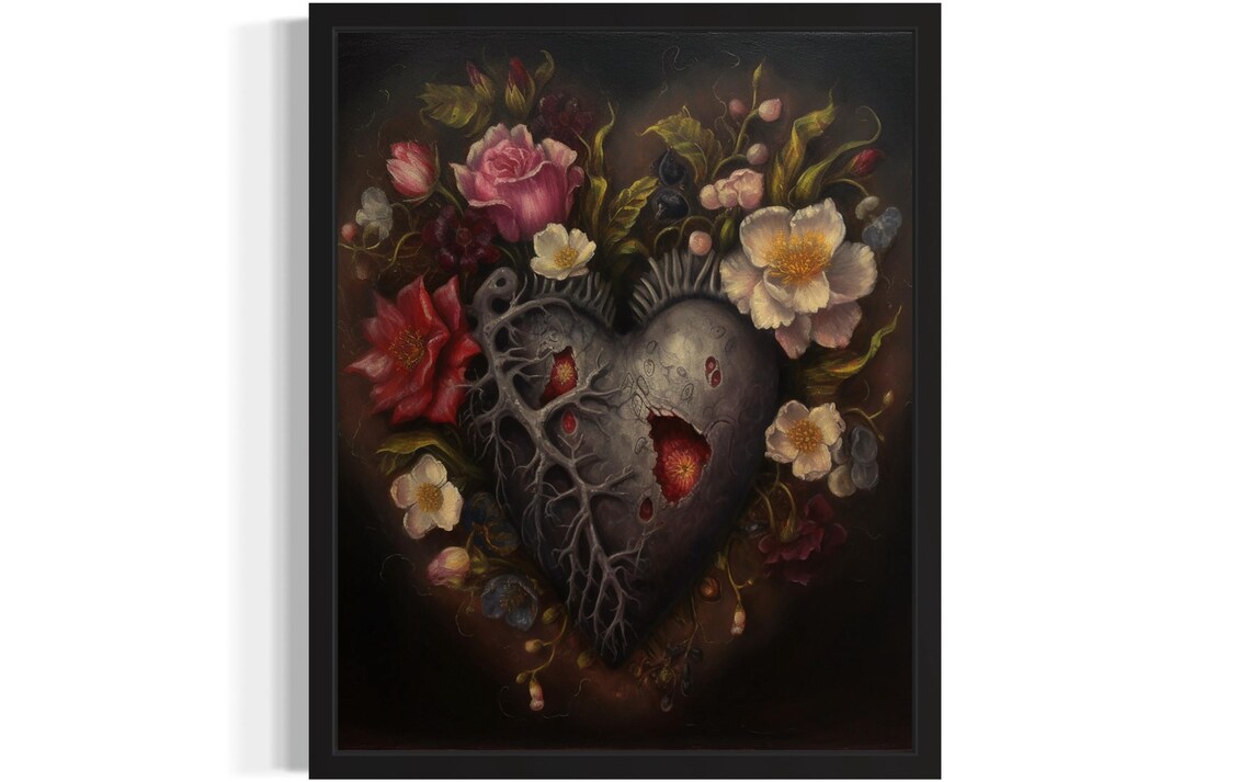 Gothic Anatomical Heart Entwined With Flowers Dark Art Poster