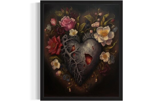 Gothic Anatomical Heart Entwined With Flowers Dark Art Poster