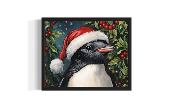 Christmas Penguin in Santa Hat with Holly Berries Painting Poster