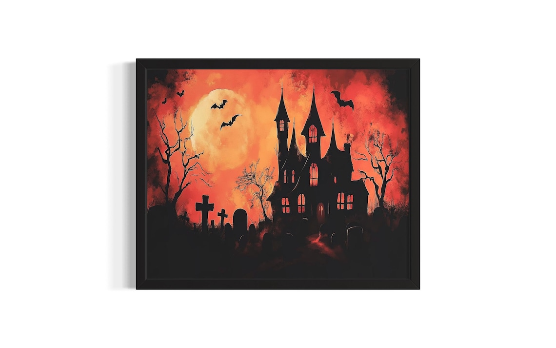 Haunted House Graveyard Bats Blood Red Moon Halloween Art Poster