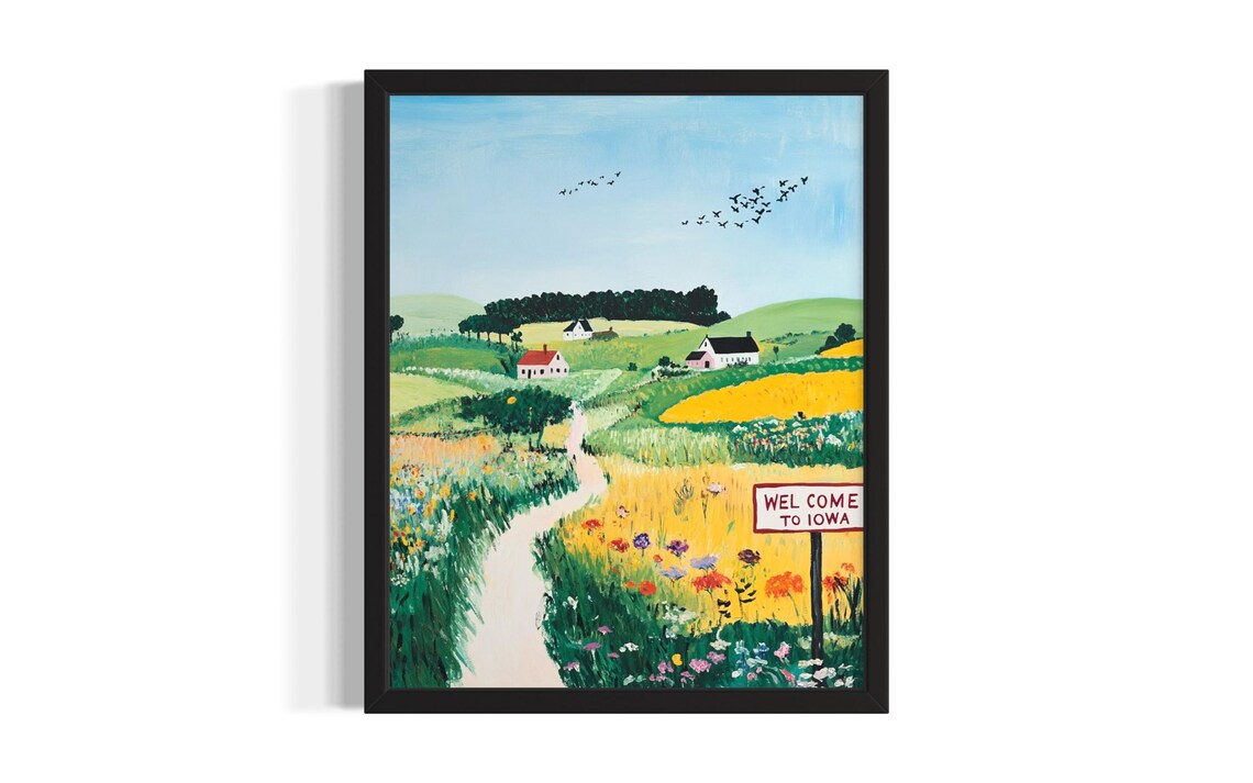 Welcome To Iowa Folk Art Wildflower Farm Sign Vintage Travel Poster
