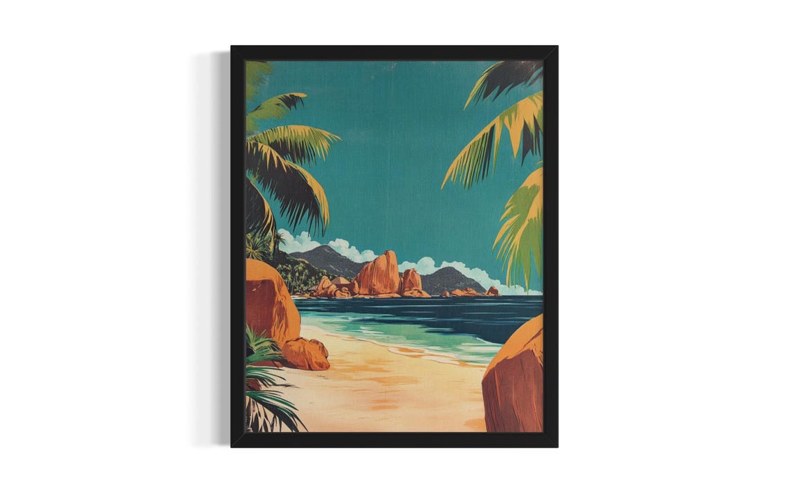 Seychelles Tropical Beach Granite Boulders Vintage Style Island Poster