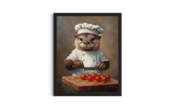 Otter Animal Chef Poster Art Print Kitchen Wall Original Painting Artwork Decor