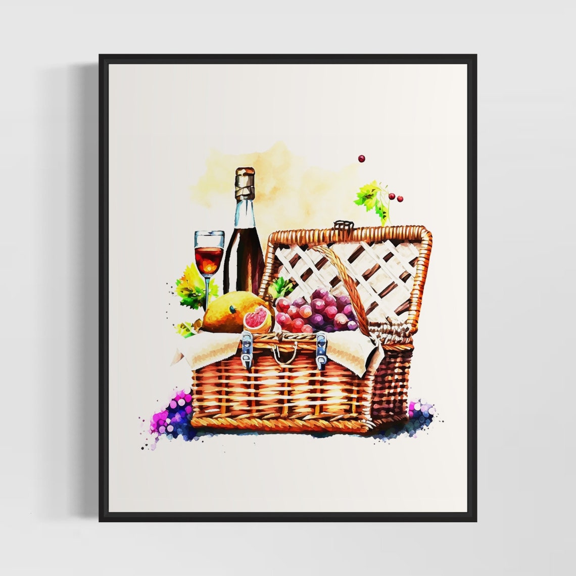 Wicker Picnic Basket with Wine and Fruit Watercolor Summer Poster