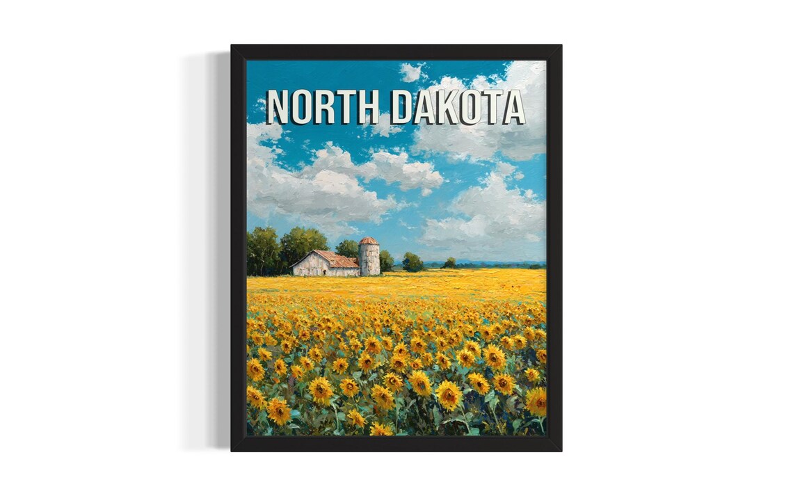 North Dakota Sunflower Field Farm Barn Summer Landscape Poster