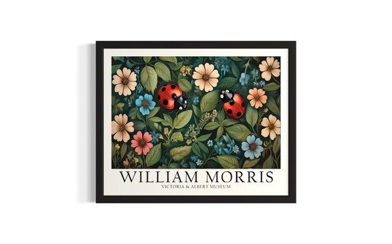 Two Ladybugs Among Garden Foliage William Morris Inspired Art Poster
