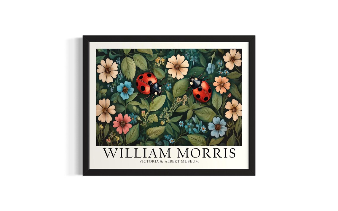 Two Ladybugs Among Garden Foliage William Morris Inspired Art Poster