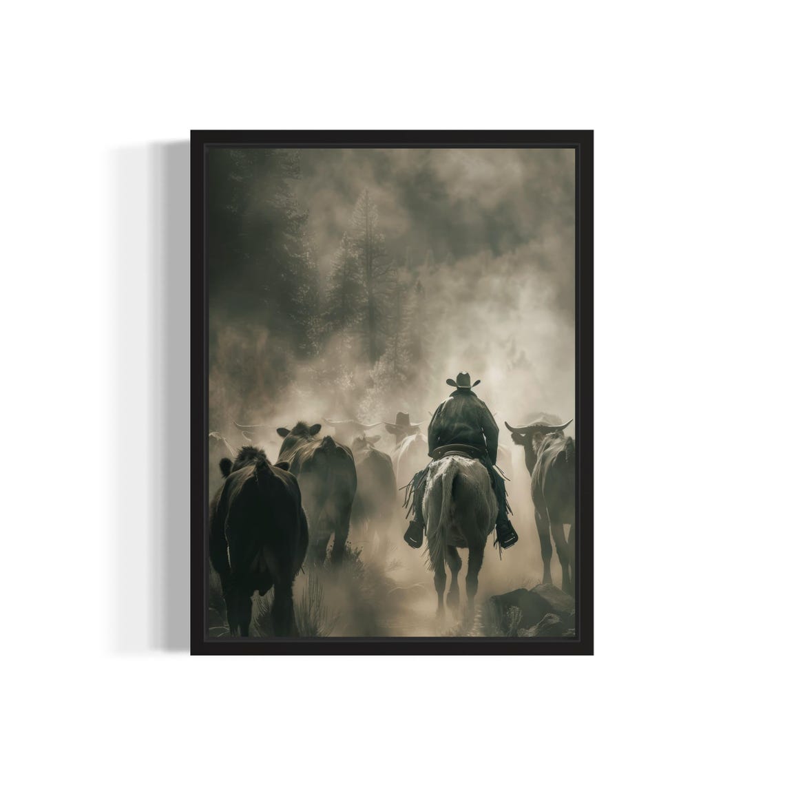 Cattle Drive Cowboys Herding Cattle Across Misty Prairie Poster