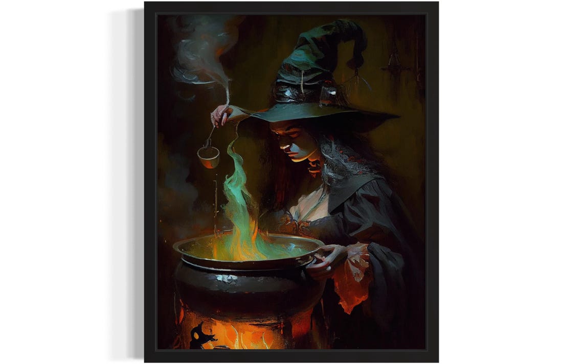 Witch Brewing Green Potion In A Cauldron Magical Fantasy Poster