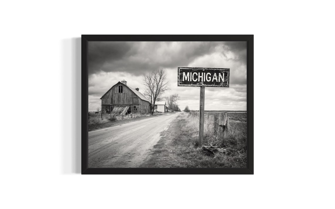Michigan Vintage Barn Dirt Road Black and White Photo Poster