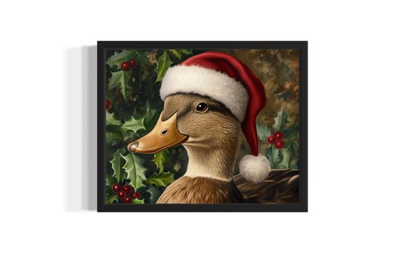Duck Wearing Santa Hat in Christmas Holly Berries Painting Poster