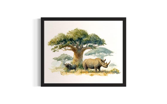 Rhino And Buffalo Animal In Safair Harmony Poster Art Print Living Room Wall Original Painting Artwork Decor