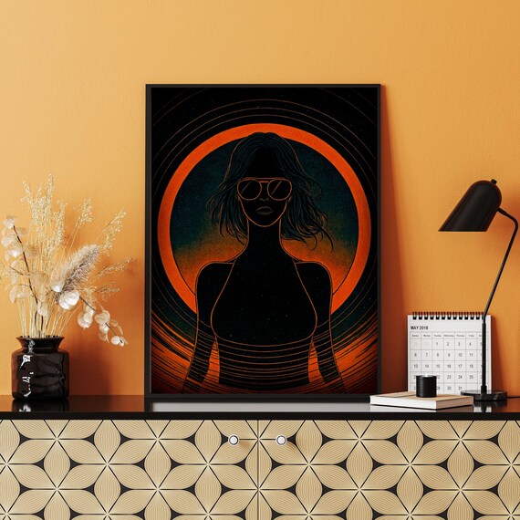 Silhouette With Sunglasses Orange And Black Art Print Retro Fashion Illustration 70s Style Portrait Large Vintage Multi Sizes