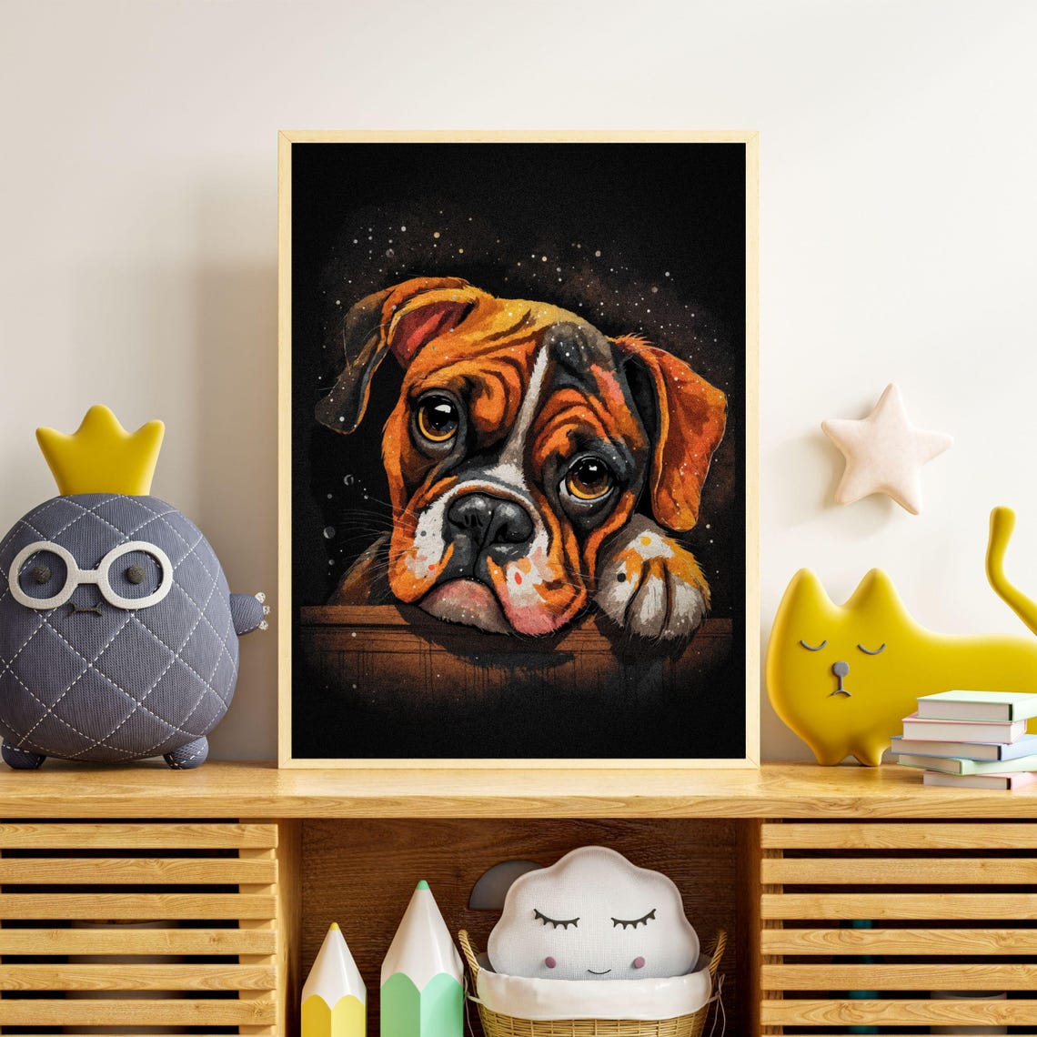 Boxer Dog Art Print Lazy Boxer Breed Portrait Puppy Dog Eyes Dog Lover Gift Animal Illustration Modern Pet Art 8x10 24x36 Dog Momdad