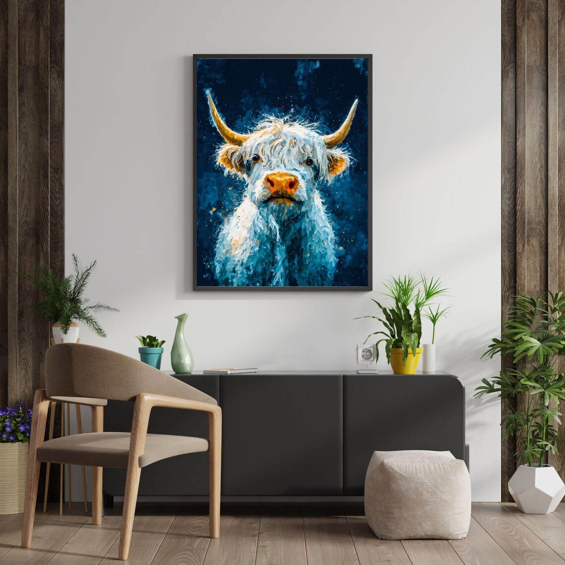 White Highland Cow Watercolor Painting, Rustic Decor - Image 3