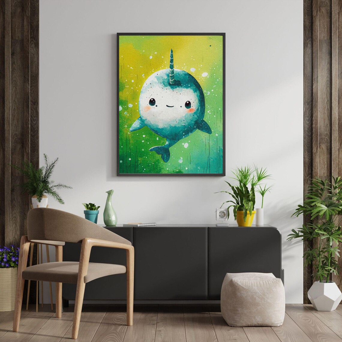 Smiling Baby Narwhal Teal Splatter Ocean Animal Nursery Wall Art - Image 8