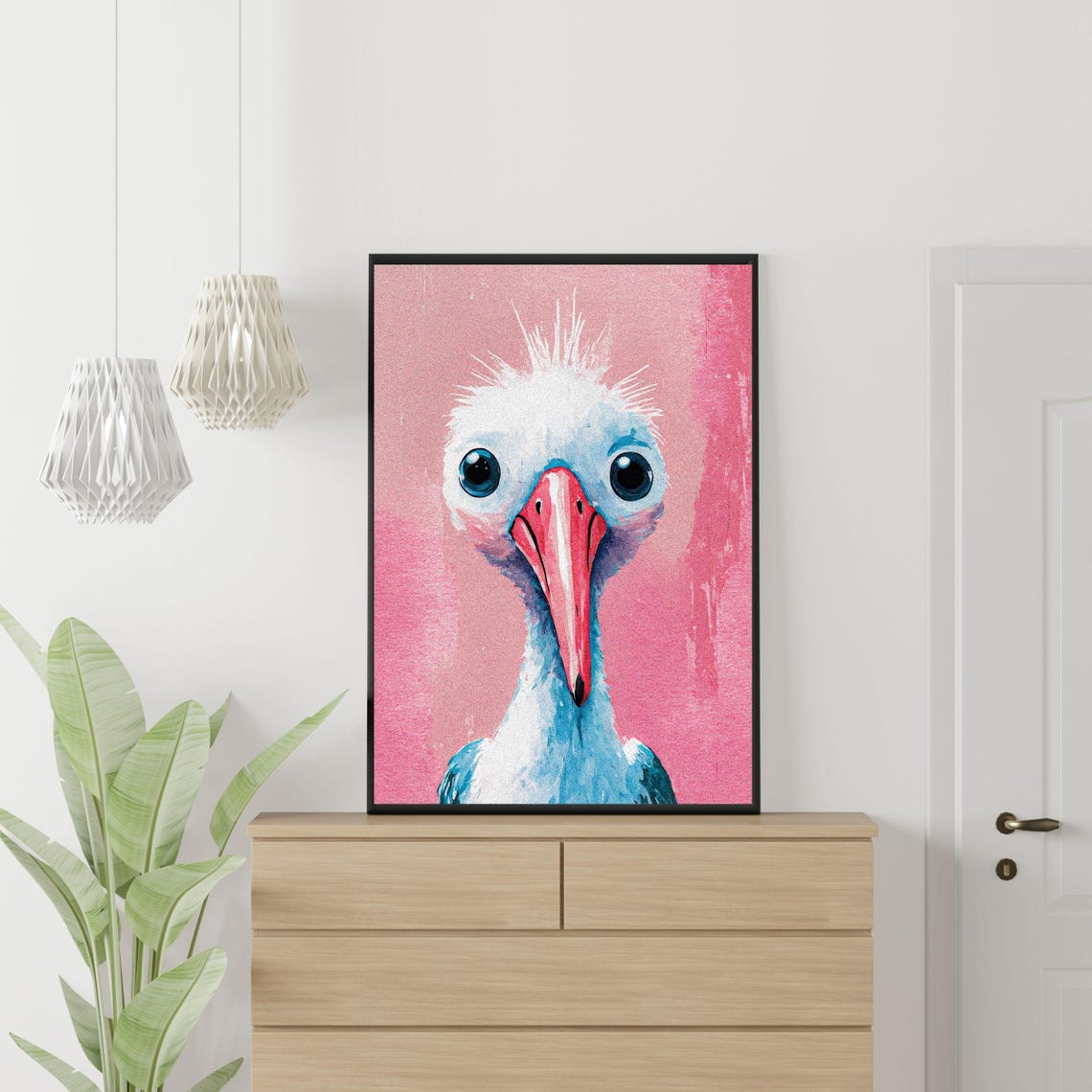 Quirky Blue Stork Pink Background Bird Portrait Nursery Wall Art