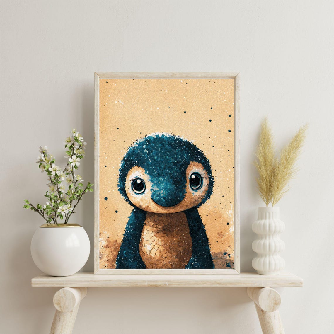 Adorable Baby Penguin Big Eyes Tan Splatter Nursery Animal Wall Art - Image 4