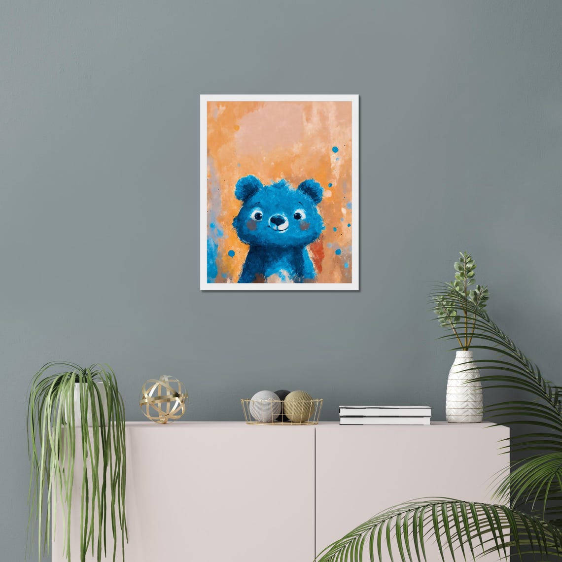 Cute Blue Teddy Bear Portrait Orange Background Kids Room Poster - Image 4
