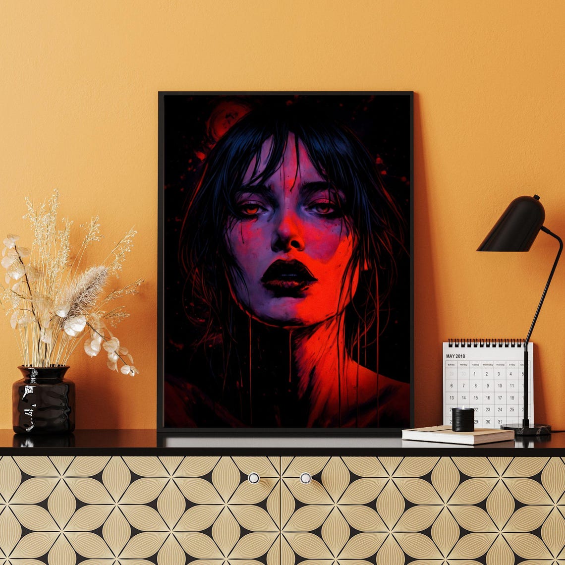 Dark Gothic Female Portrait Red Black Moody Dramatic Art Wall Print - Image 3