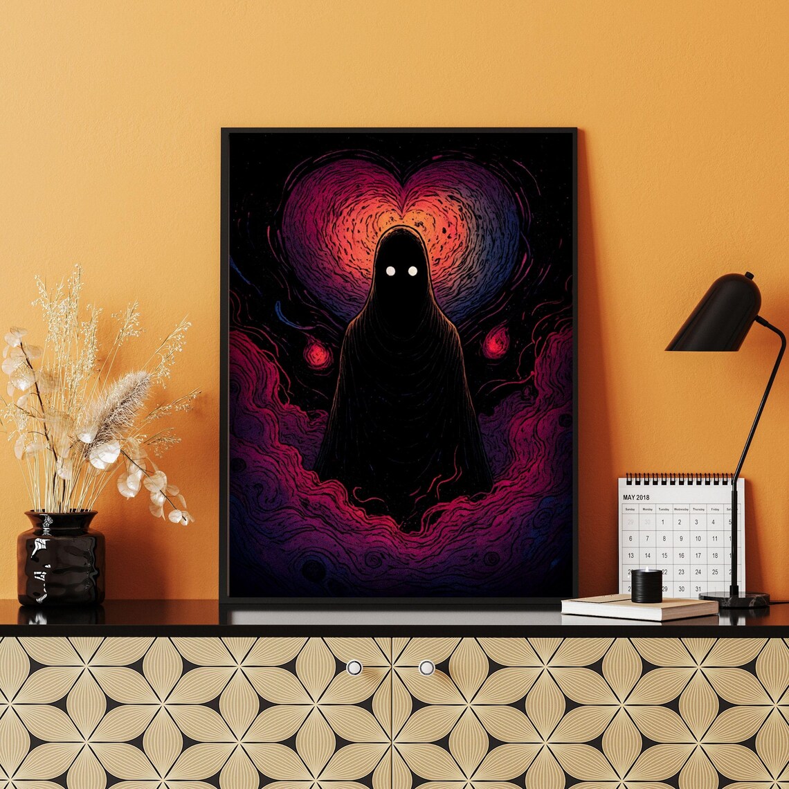Dark Ethereal Heart Figure Hooded Silhouette Cosmic Love Art Wall Print - Image 2