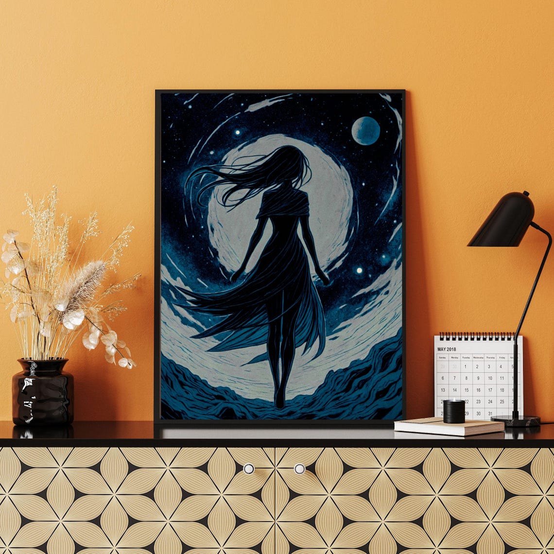 Gloomy Woman Moonlight Silhouette Celestial Stars Night Sky Art Print - Image 2