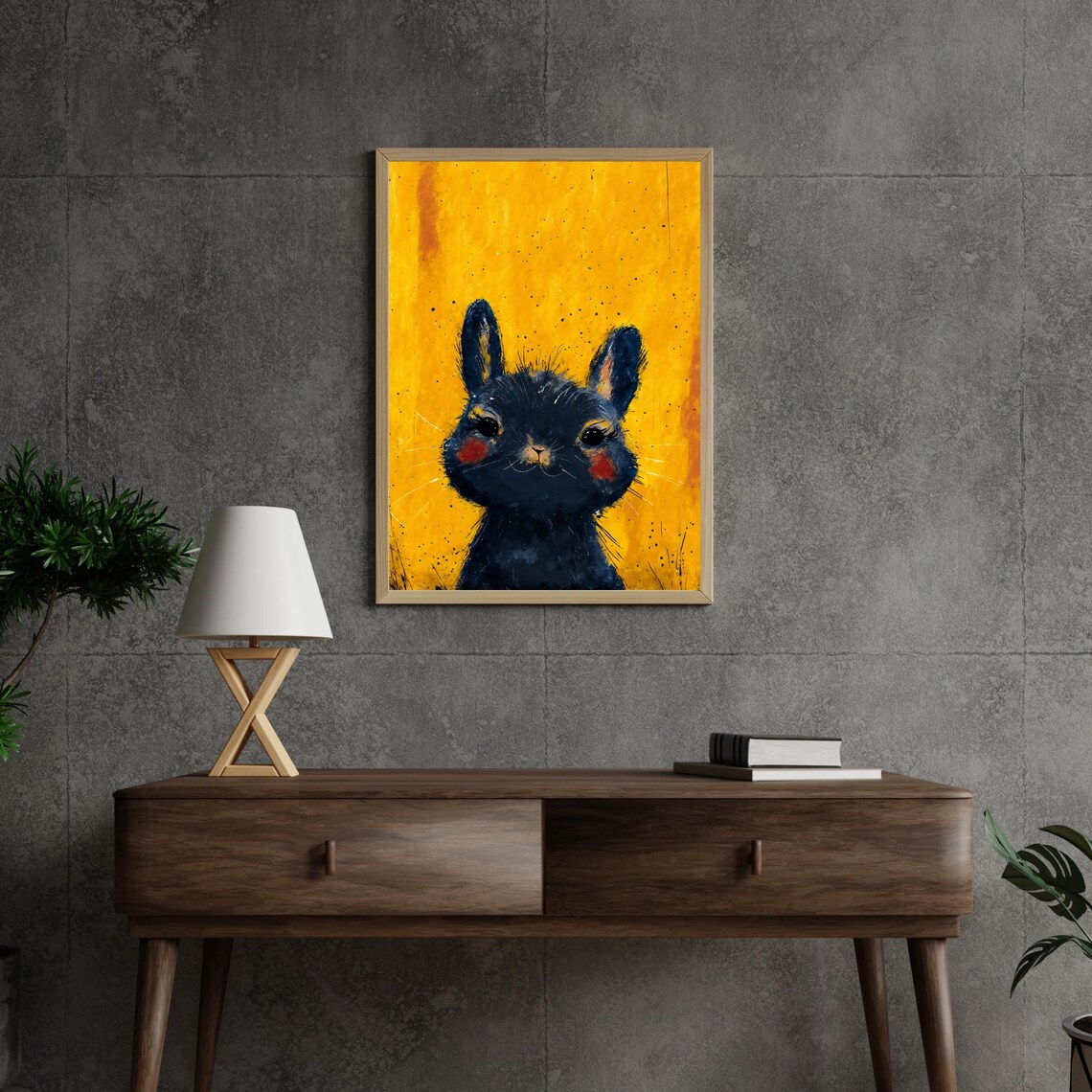 Cute Black Baby Bunny Watercolor Portrait Rosy Cheeks Yellow Art Print - Image 2
