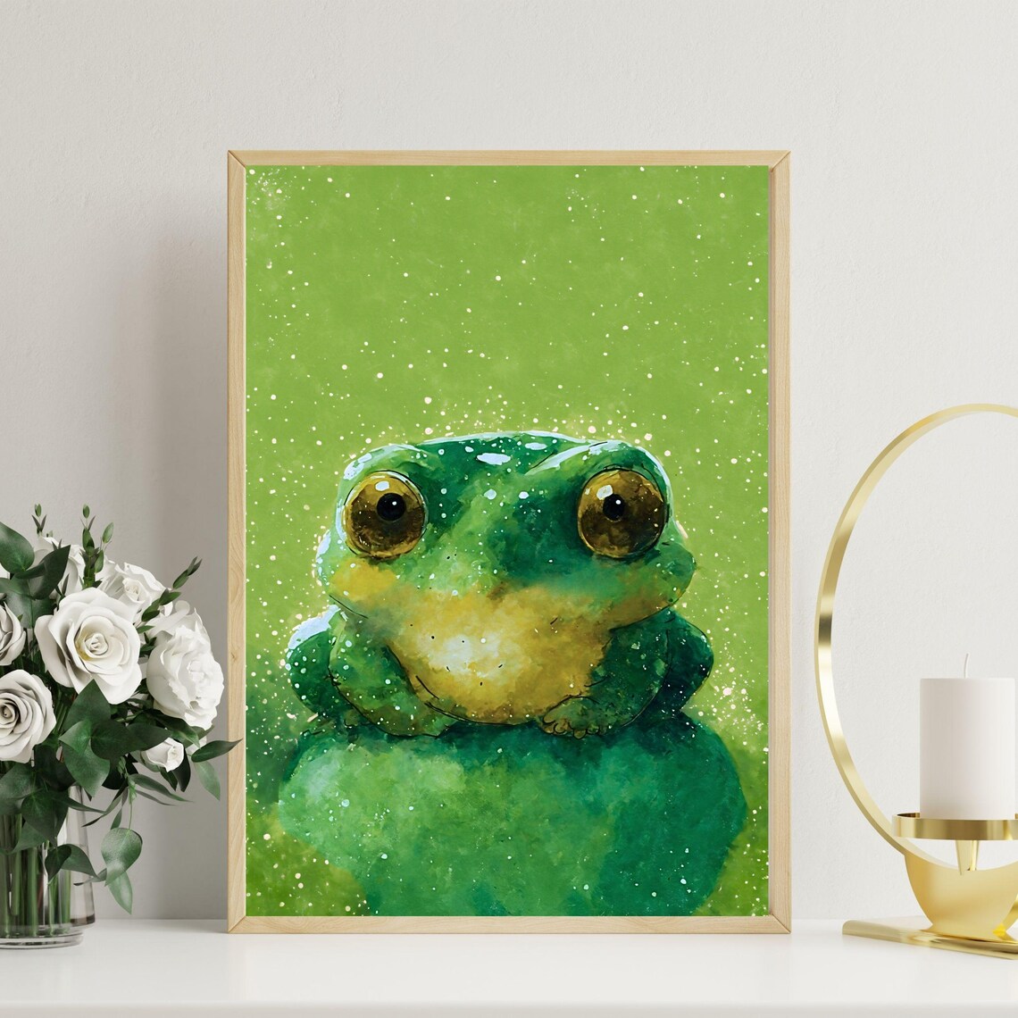 Bright Green Baby Frog Watercolor Portrait Golden Eyes Nursery Art Print