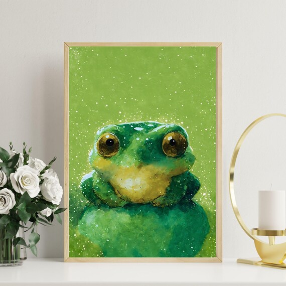 Bright Green Baby Frog Watercolor Portrait Golden Eyes Nursery Art Print