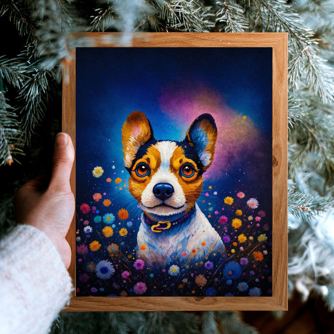 Whimsical Tricolor Puppy Among Wildflowers Starry Night Wall Art - Image 6