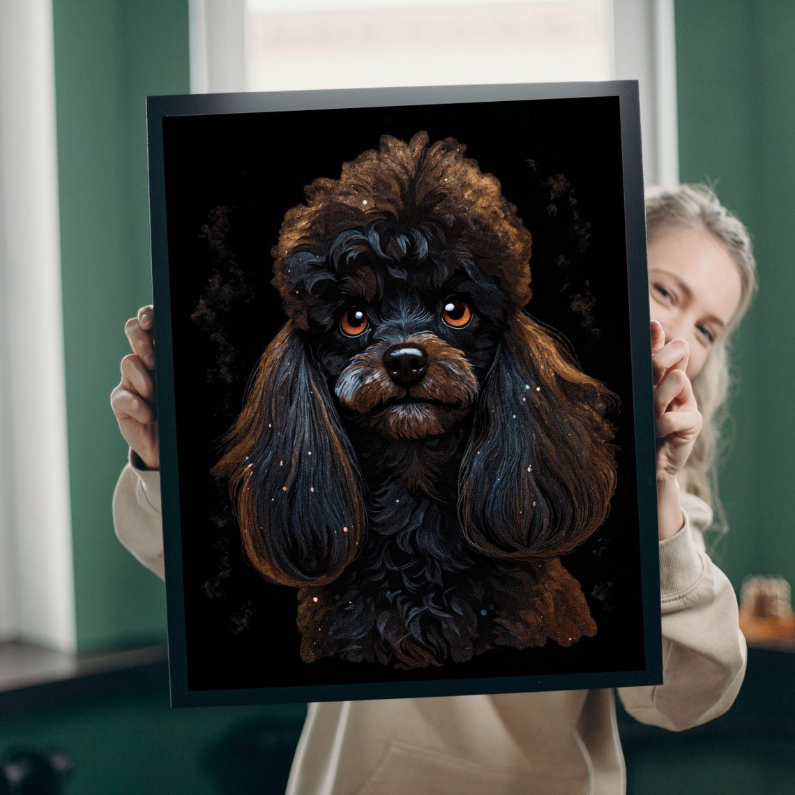 Black Toy Poodle Starry Night Dark Dramatic Dog Portrait Art Poster