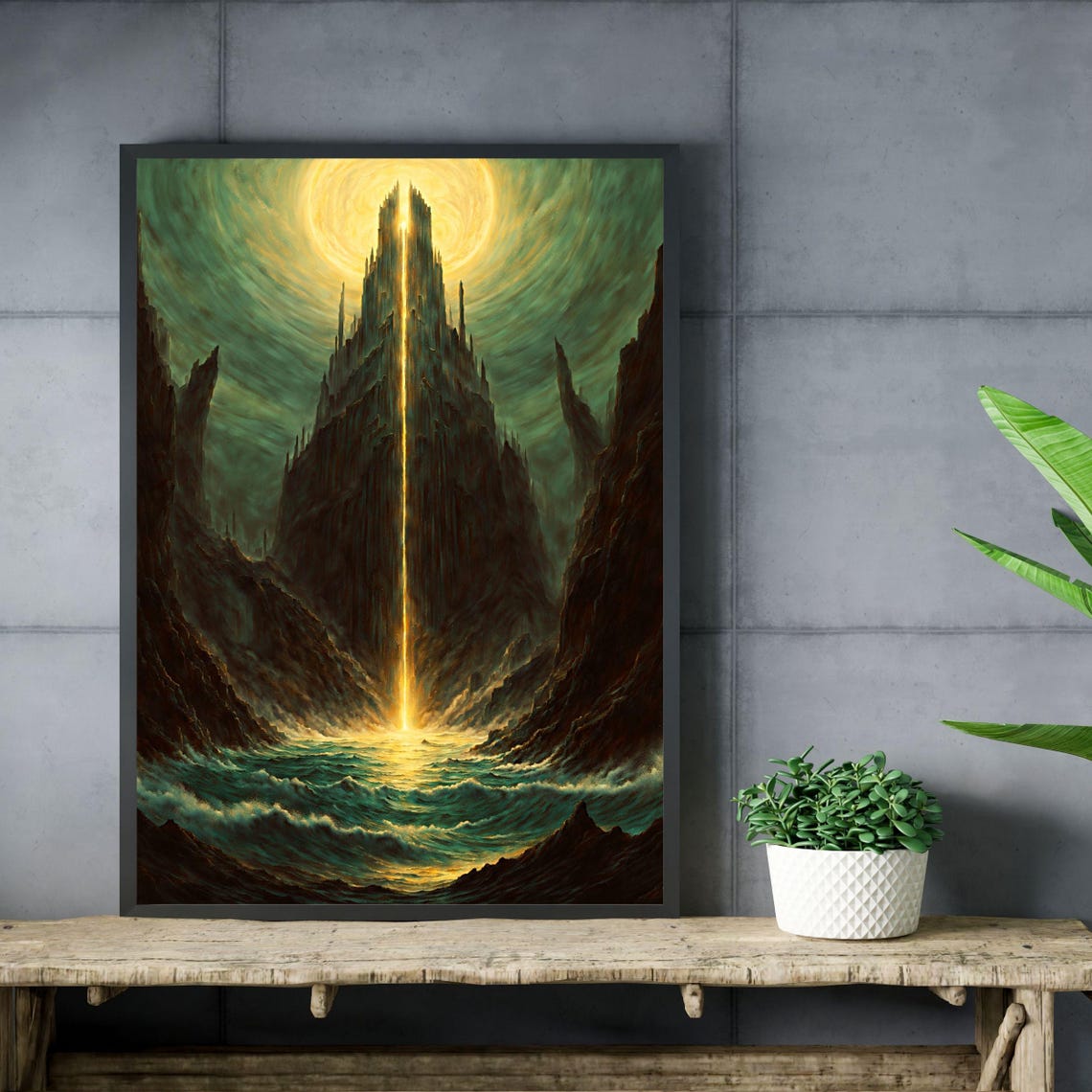 Epic Fantasy Landscape Art Print Mystical Waterfall Mountain Glowing Light Dramatic Scene Unique Wall Art Fantasy Decor 8x10 24x36 - Image 4