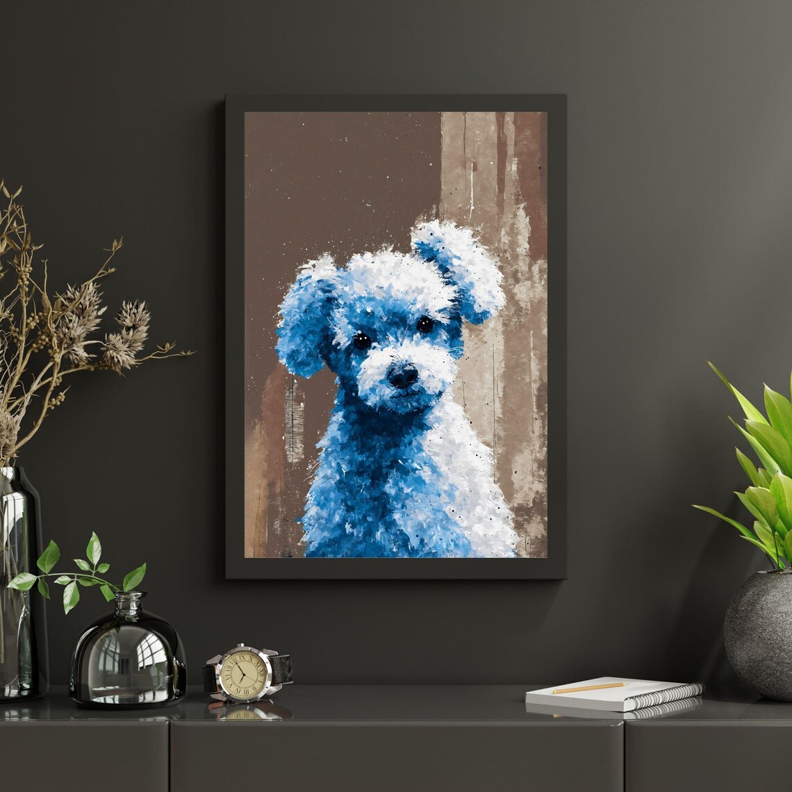 Cute Blue Baby Poodle Watercolor Portrait Fluffy Puppy Dog Art Print