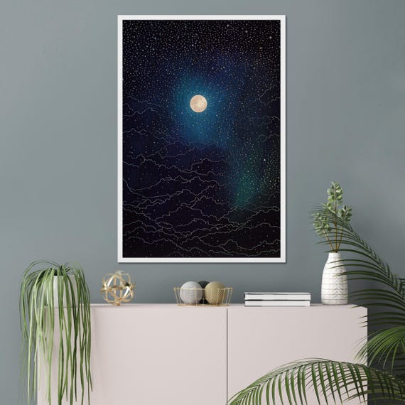 Full Moon Stars Art Print Celestial Night Sky Dreamy Landscape Nature Wall Decor Unique Gift Idea Cosmic Art 8x10 24x36 Sizes