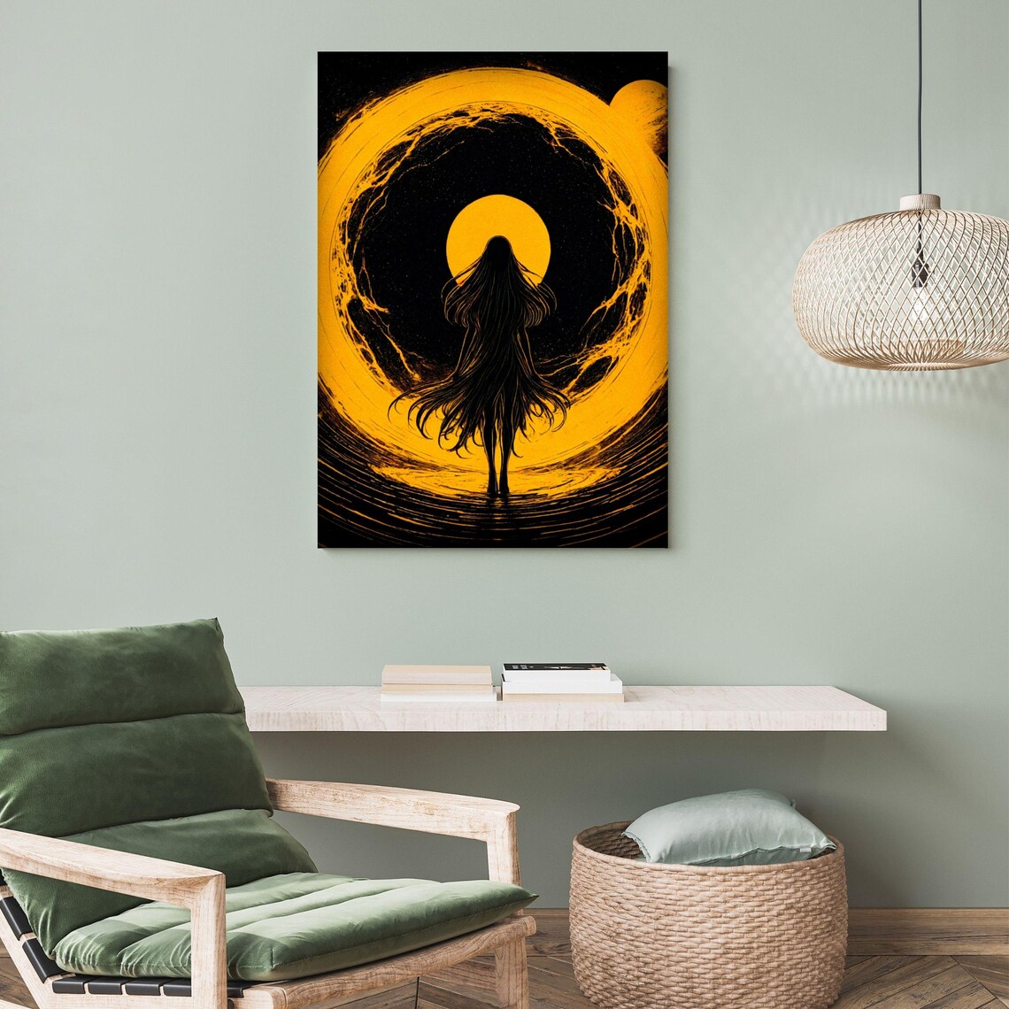 Mystical Woman Silhouette Walking Through Golden Sun Portal Cosmic Wall Art - Image 4