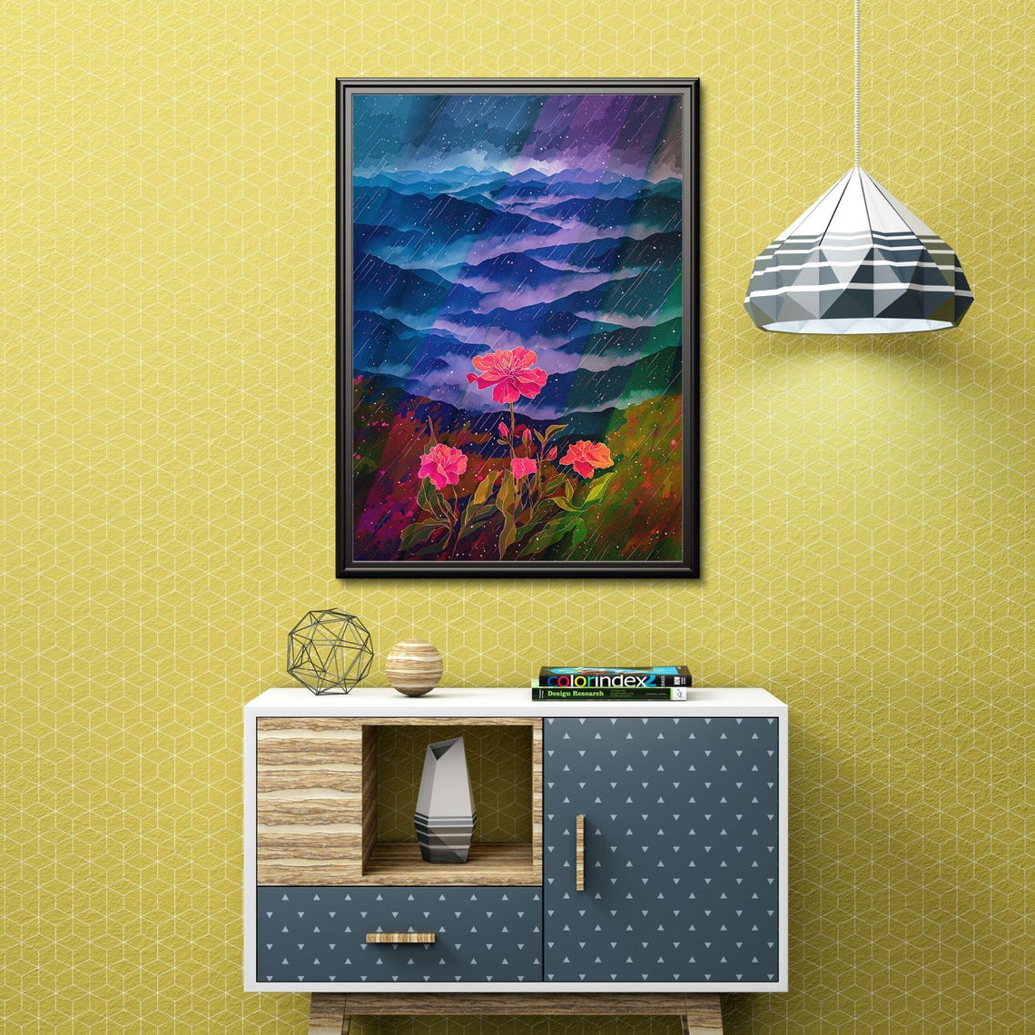 Pink Peonies Blooming in Rain Over Misty Purple Mountains Wall Art - Image 5