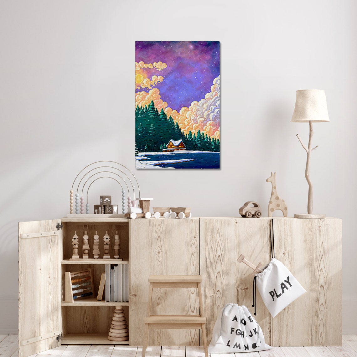 Pastel Ice Fishing Cabin Perfect For Girls Room Dreamworld Clouds Forest Baby Room Art Cute Ice Lake Anime World Nursery Room Decor - Image 3