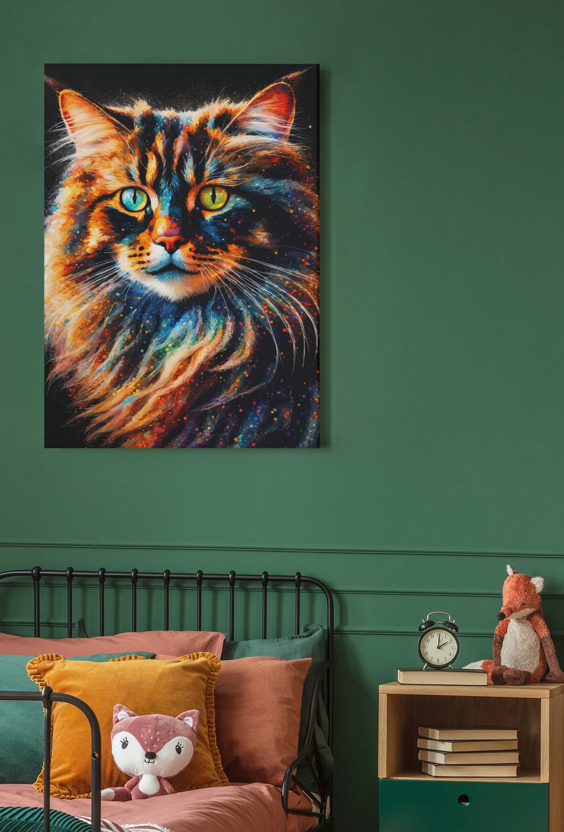 Fluffy Long Hair Cat Glowing Green Eyes Watercolor Rainbow Art Poster - Image 3