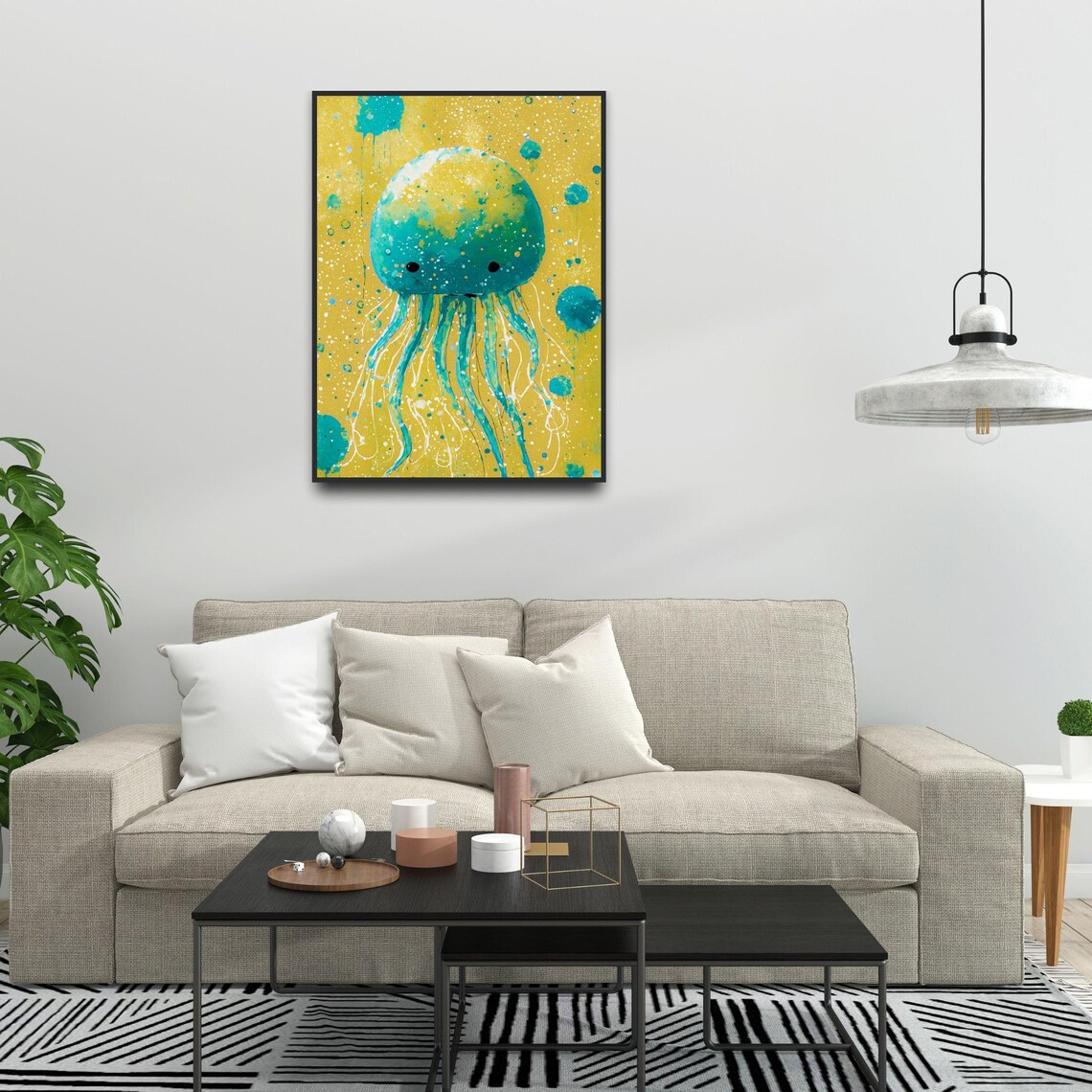 Teal Jellyfish Yellow Splatter Ocean Nursery Kids Room Wall Art - Image 7