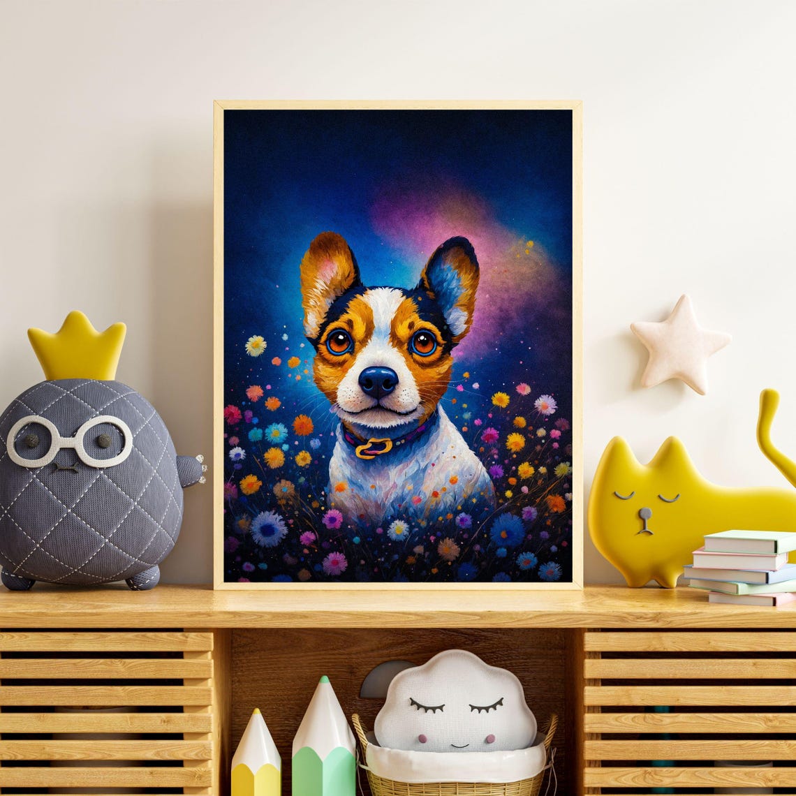 Whimsical Tricolor Puppy Among Wildflowers Starry Night Wall Art - Image 3