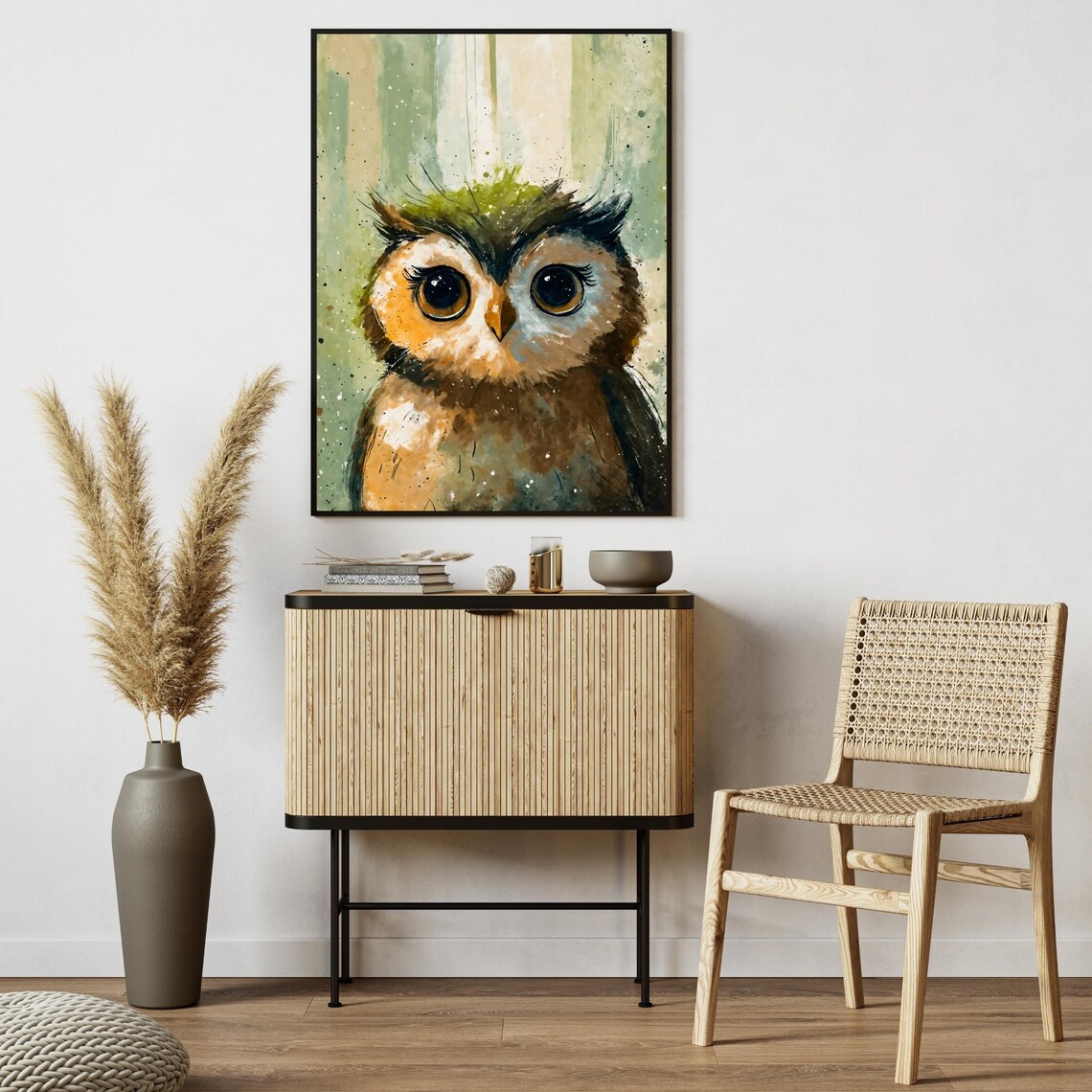 Cute Baby Owl Watercolor Portrait Big Eyes Green Forest Nursery Print - Image 3