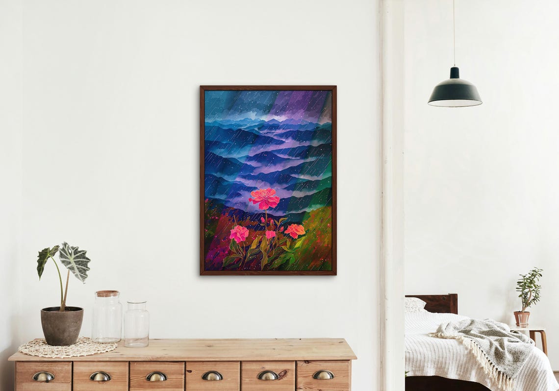 Pink Peonies Blooming in Rain Over Misty Purple Mountains Wall Art - Image 6