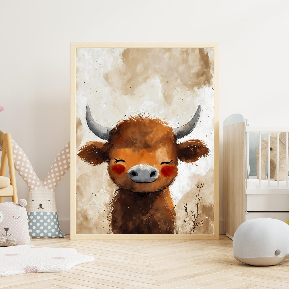 Brown Baby Highland Cow Art Print Smiling Bull Portrait Farmhouse Wall Art Kids Room Decor Nursery Art Animal Lover Gift 8x10 24x36 - Image 3