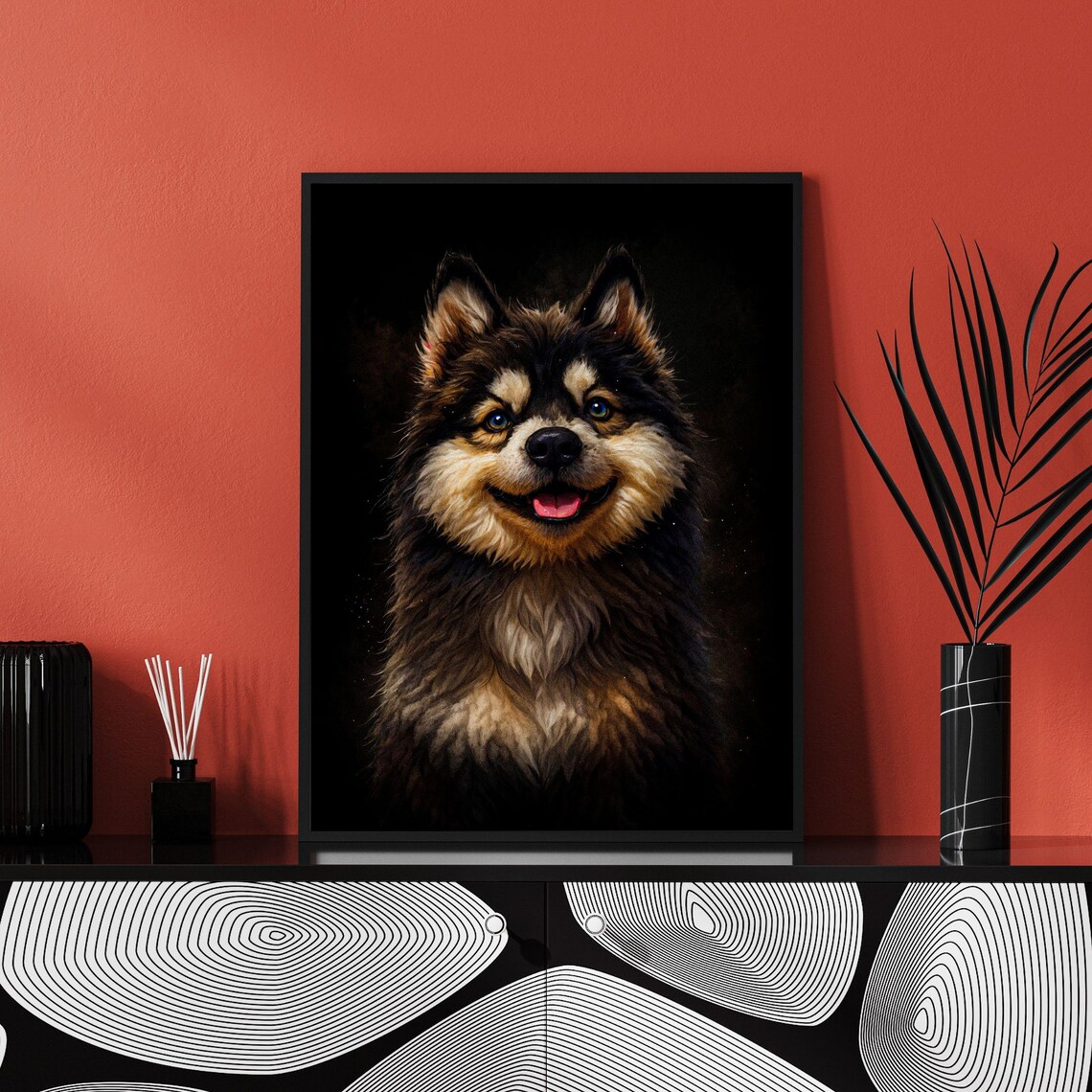 Smiling Finnish Lapphund Nordic Dog Black Background Portrait Poster - Image 4