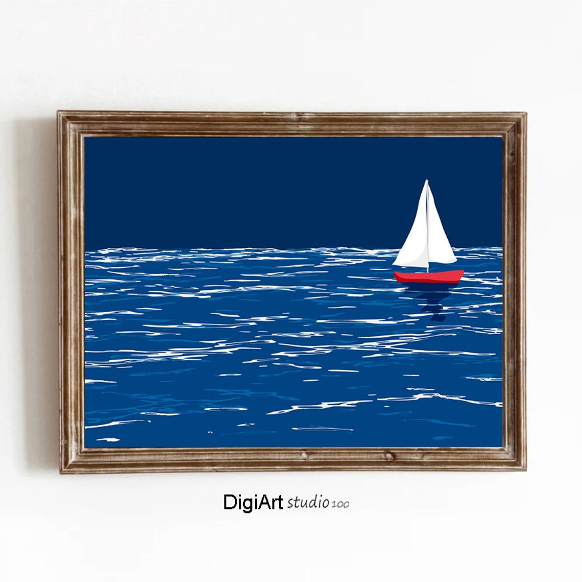 Minimalist Sailboat Red Hull White Sails Deep Blue Sea Poster