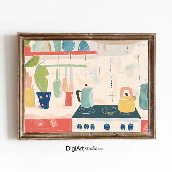 Cute Kitchen Illustration Kitchen Decor Retro Kitchen Decor Maximalist Kitchen Decor