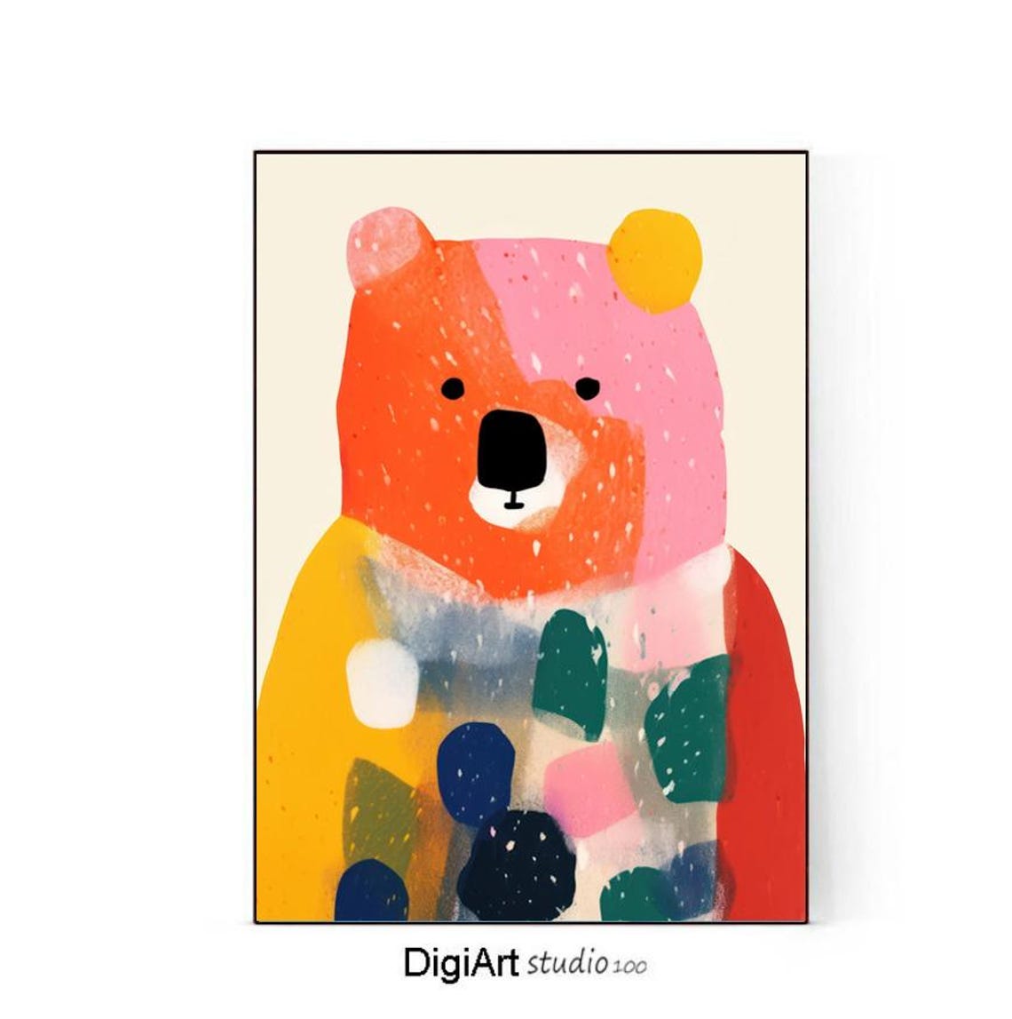 Abstract Patchwork Bear Colorful Modern Geometric Nursery Art Poster