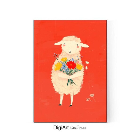 Sheep Holding A Bouquet Of Flowers Cute Sheep Nursery Print Nursery Animal Decor Cute Farm Animal Poster For Baby